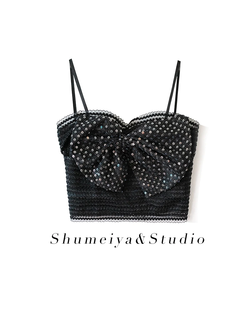 

Summer Lace iny Sequin Strap Vest Women's Slim Fit Sexy Strapl Top Inner Wear Outer Wear Knot Cotton Blend