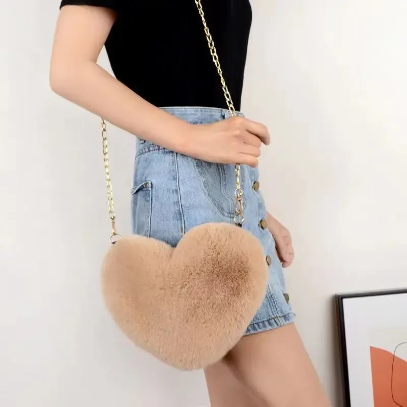 Fashion Women's Heart Shaped Handbags Cute Kawaii Faux Fur Crossbody Bags Wallet Purse Plush Chain Shoulder Bag Lady Handbag