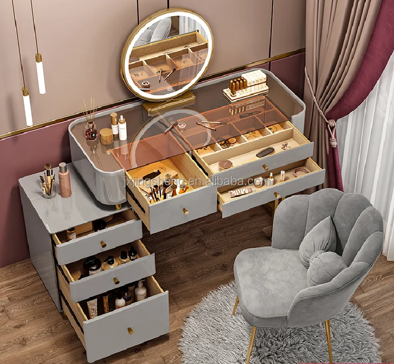 Modern Luxury Light Vanity Desk Italian Style Dressing Table with Wood Chair for Bathroom or Apartment Use