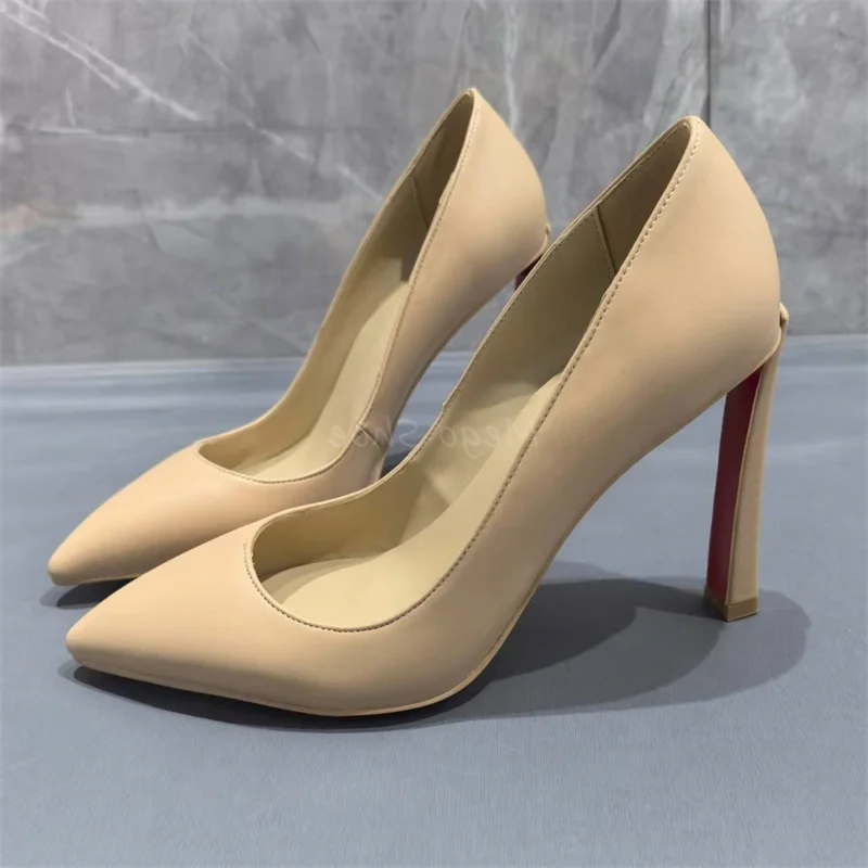 

Stiletto High Heel Women Single Shoes Nude Color Genuine Leather Shallow Pumps Handmade Brand Design Quality Shoes Lady Size 43