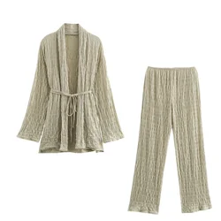 PB&ZA Early Autumn New Women's 2024 Belt Textured Kimono-style Long-sleeved Outerwear Straight Trousers Set