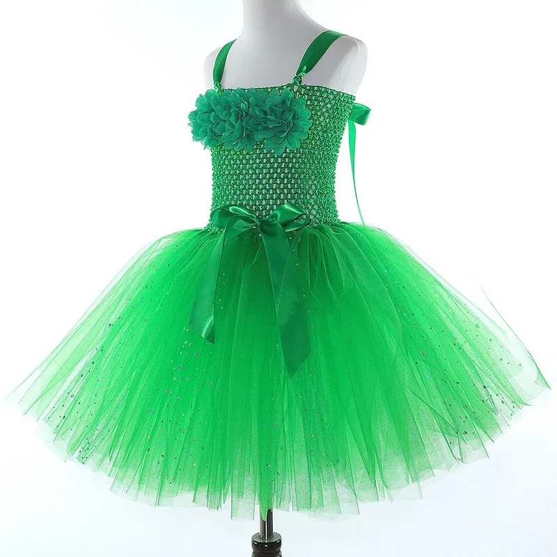 AD1 Grüne Blumen-Fee-Prinzessin-Kostüme für Mädchen, glitzerndes Ballett-Tutu-Kleid für Kinder, Weihnachten, Halloween-Outfit mit Flügeln, Mag5@rD~