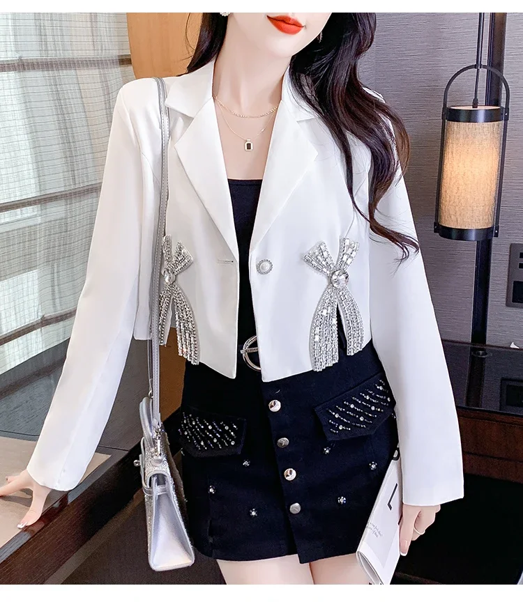 French Style Elegant Fashion Heavy Industry Diamond Bow Suit Collar Long Sleeve Single Button Short Jacket Top For Women Autumn