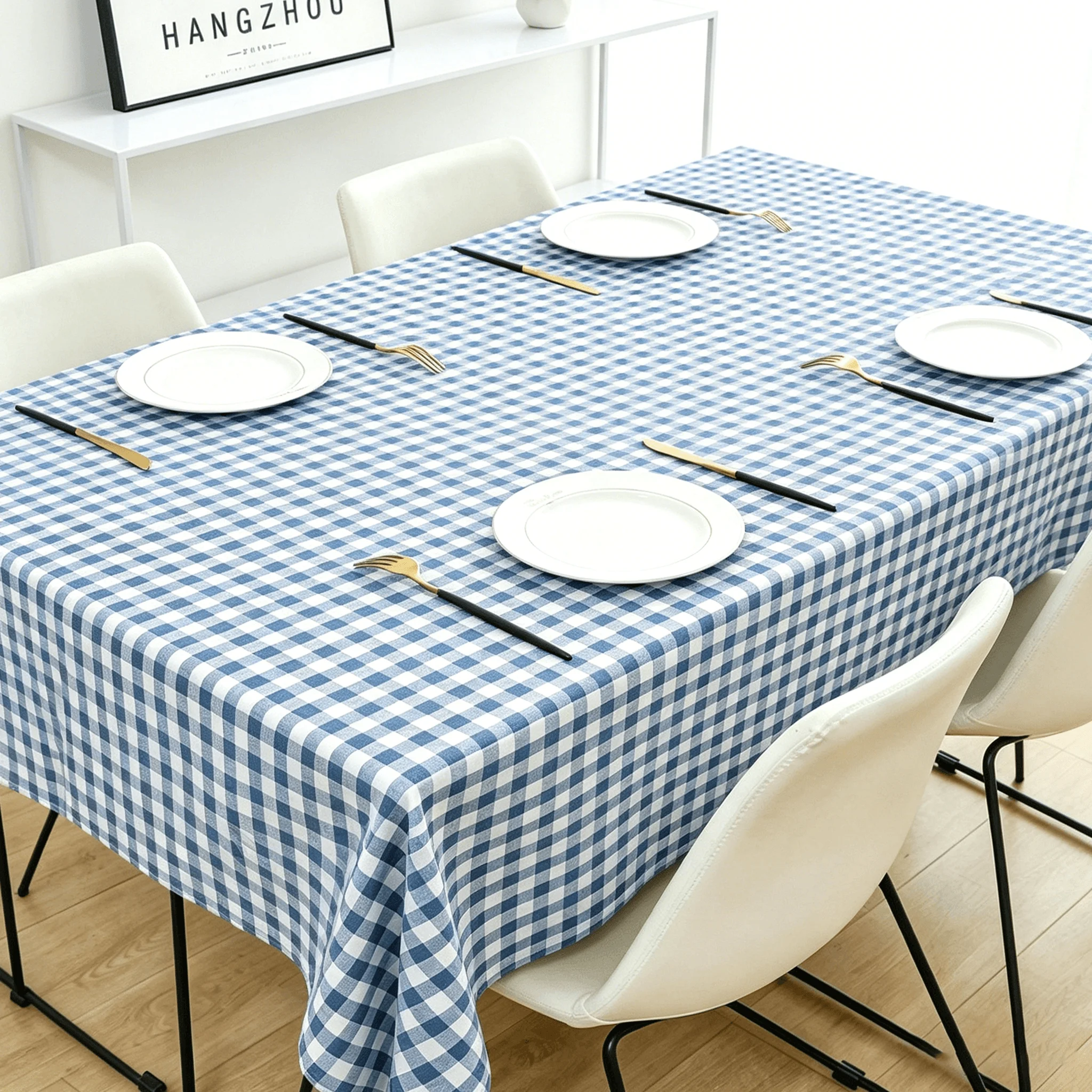 Blue and White Checkered Tablecloth Waterproof and Oil Resistant Retro Checkered Fabric Cushion for Home Decoration