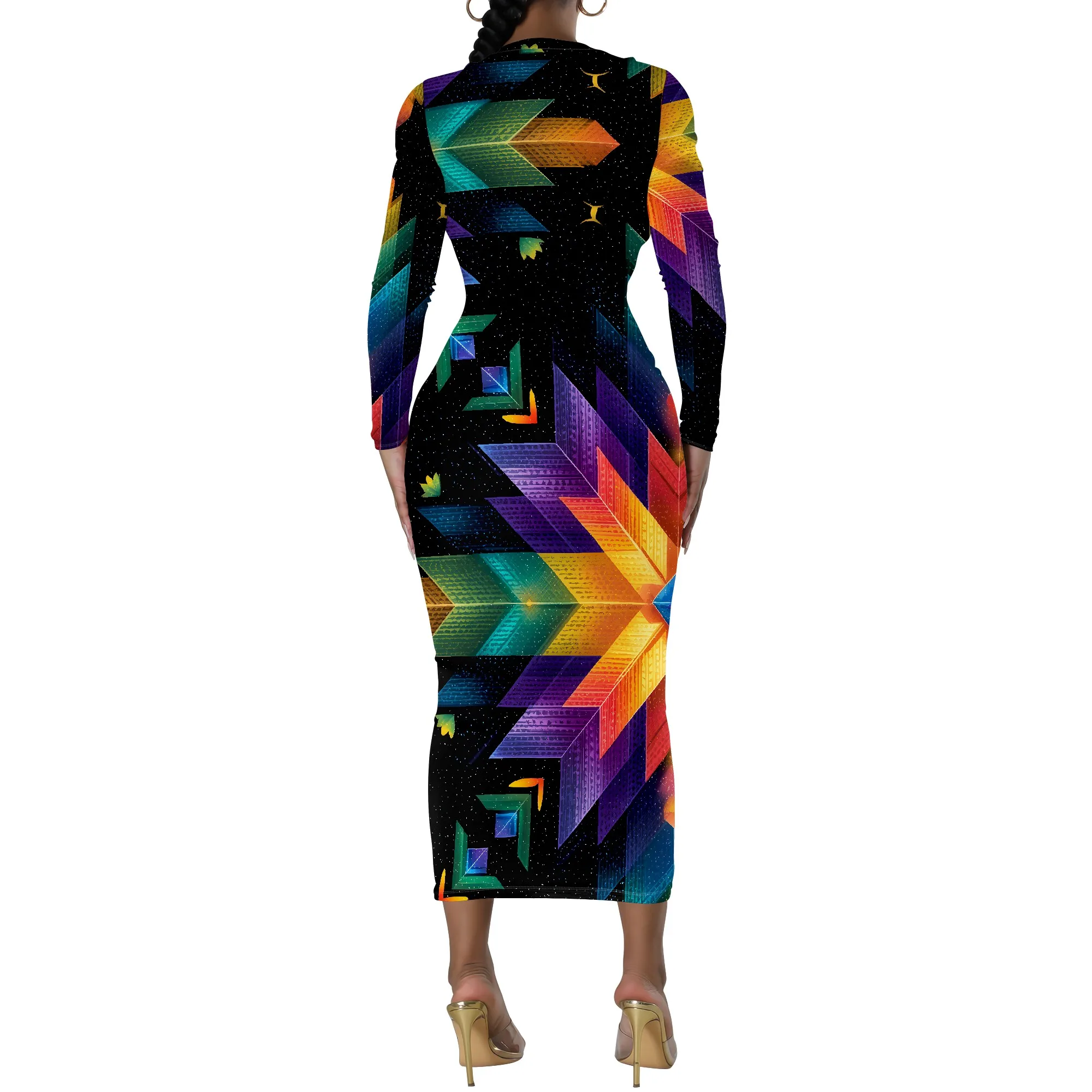 Rainbow Geometric Print, Long Sleeve Bodycon Dress, Colorful Pattern Maxi Gown, Party Club Wear for Women, XS-2XL