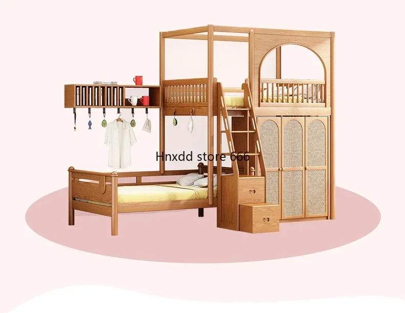Solid wood bunk bed long children's bed guardrail staggered up and down staggered mother and child bed