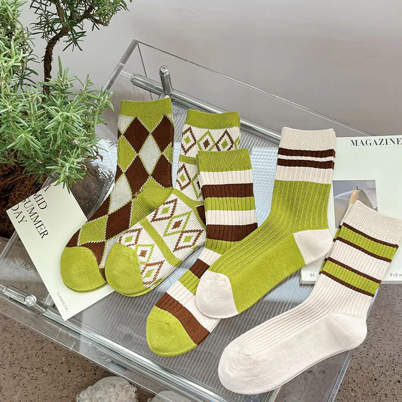 Avocado Green Knee Length Socks Calf Socks Cotton Socks Trend All-Match Bunching Socks College Style Diamond Lattice Women's Mid