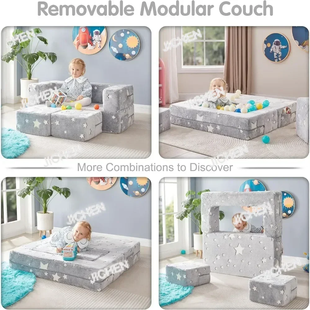 ZQT For Kids Play Couch, Glow In The Dark Star Patterns Toddler Modular Sofa, Convertible Baby Fold Out Play Foam And Floor Cush