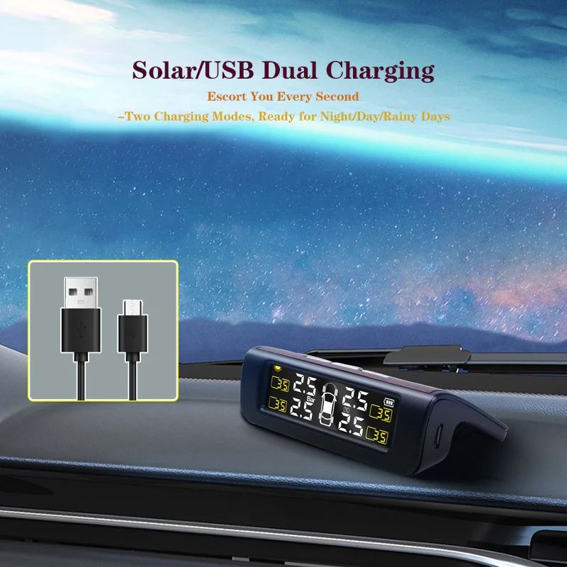 نظام مراقبة ضغط الإطارات الذكي TPMS للسيارات بالطاقة الشمسية، 4 أجهزة استشعار لوقوف السيارات، أجهزة استشعار درجة حرارة السيارات، ألوان رقمية #3