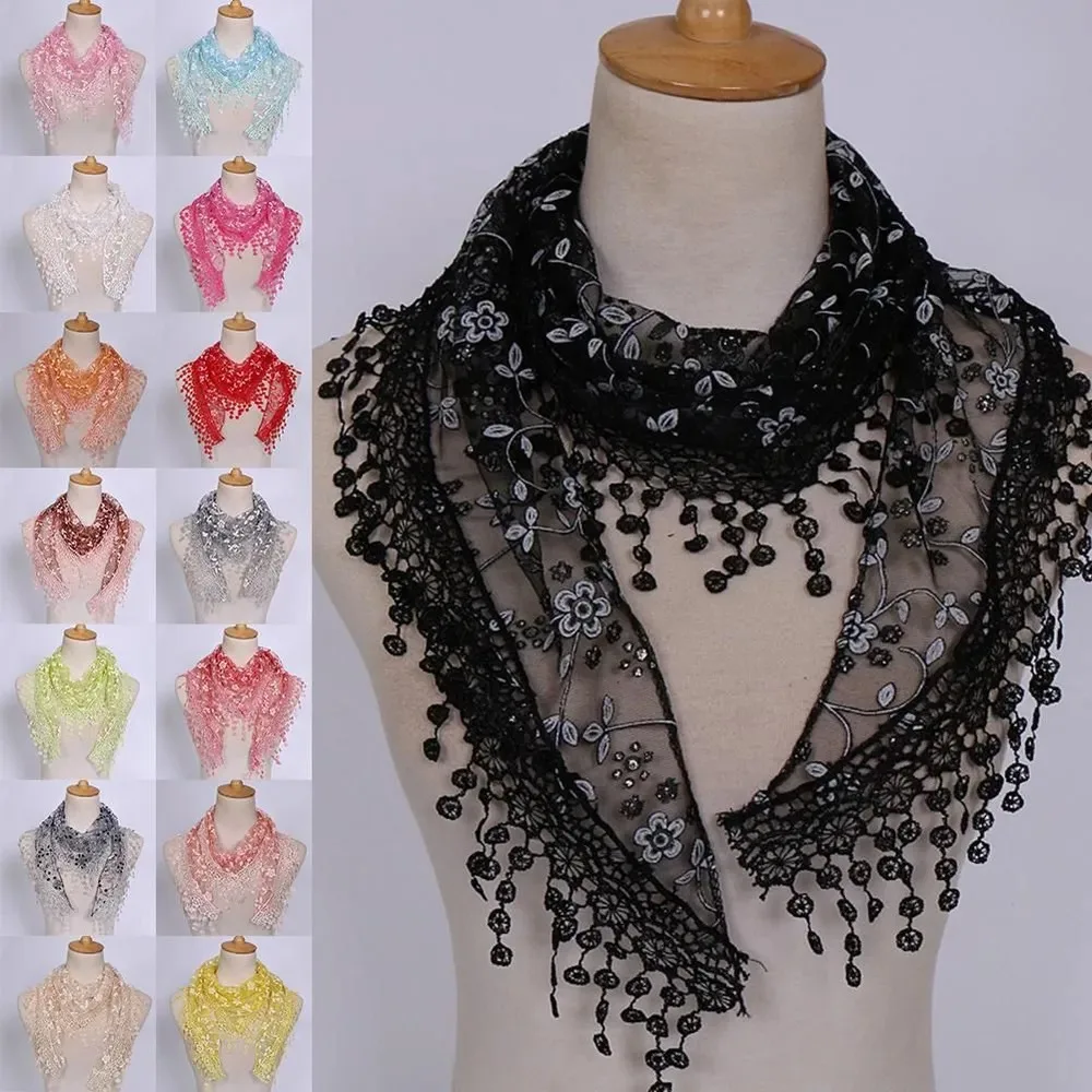 

Classic Floral Lace Triangle Scarf Casual Breathable Long Shawl Wrap Luxury Brand Designer Transparent Tassel Shawl Female
