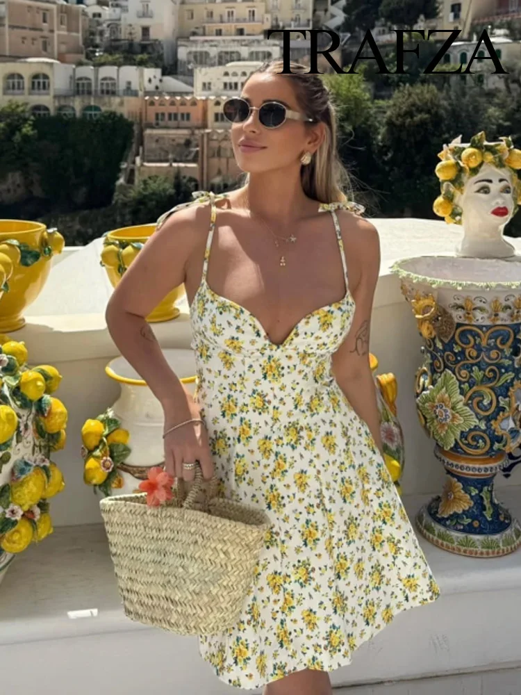 

TRAFZA 2025 Summer Women's Fashion Sexy Flower Printed Poplin Dress Female Elegant Sleeveless Backless Zipper Sling Short Dress