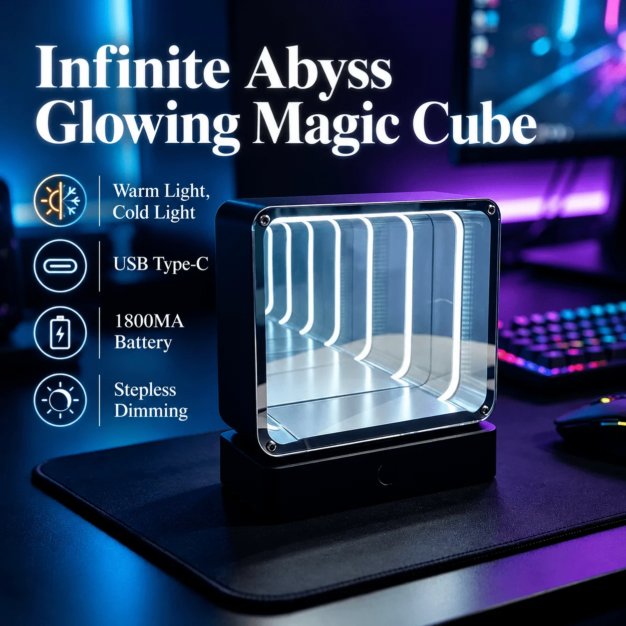Persun 4D Quantum Infinity Tunnel Night Light USB C Rechargeable Touch Control Desk Lamp for Gaming Setup Room Decor