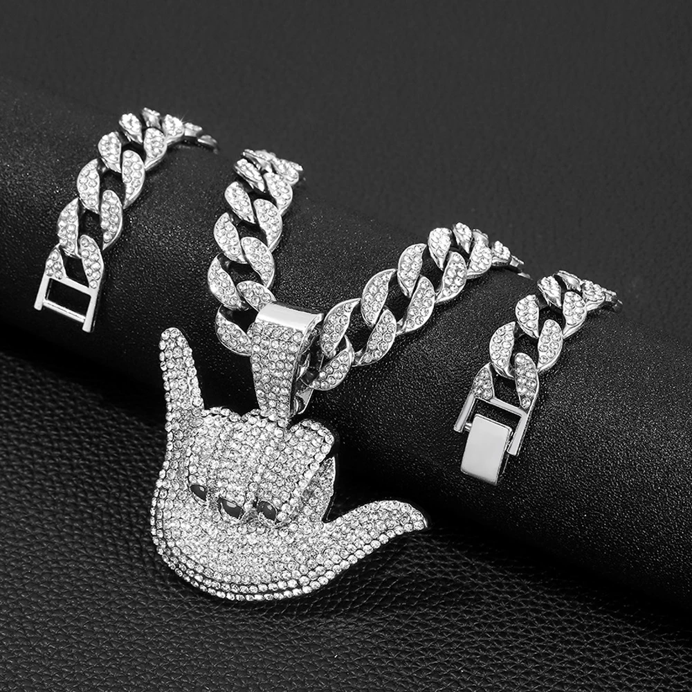 Hip Hop Number 6 Gestures Pendants Necklaces With 15mm Cuban Chain Fashion Bling Crystal Personality Cool Jewelry For Men Women