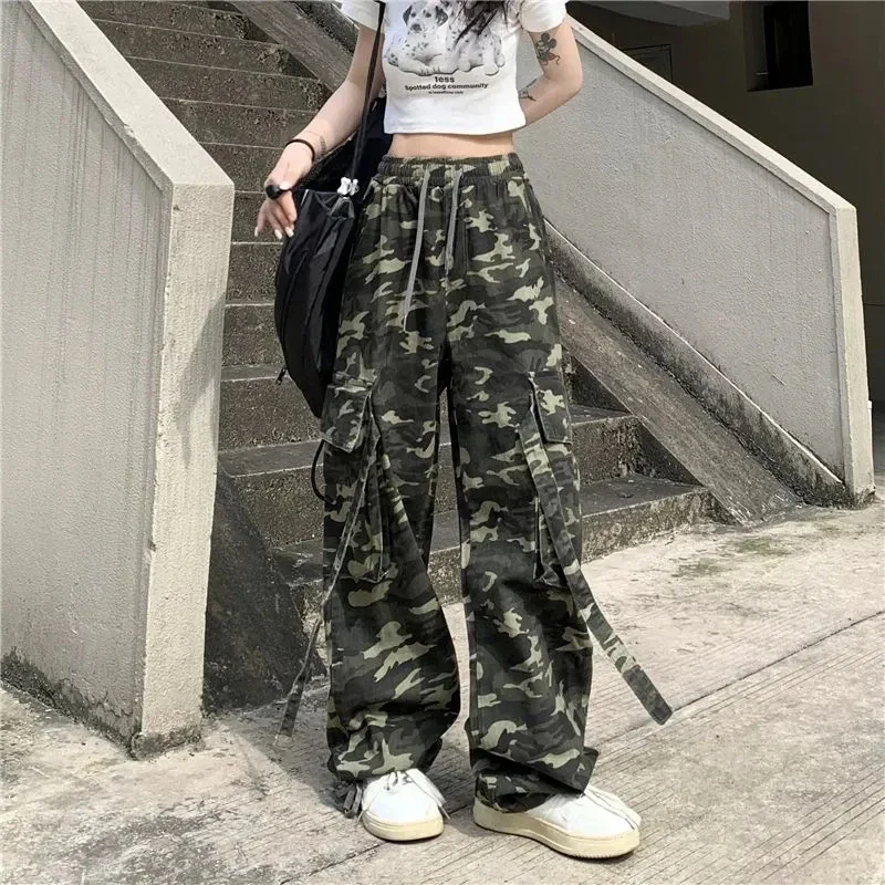MEXZT Streetwear Camouflage Cargo Pants Women High Waist Denim Wide Leg Pants Harajuku Hip Hop Armygreen Loose Straight Trousers