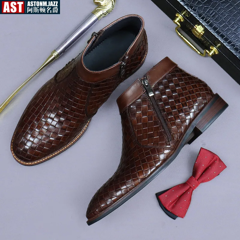 Genuine Leather Woven Chelsea Boot Men Fashion Dress Boots New Autumn Ankle Boots Plus Size 37-46 Formal Shoe Bota Masculina