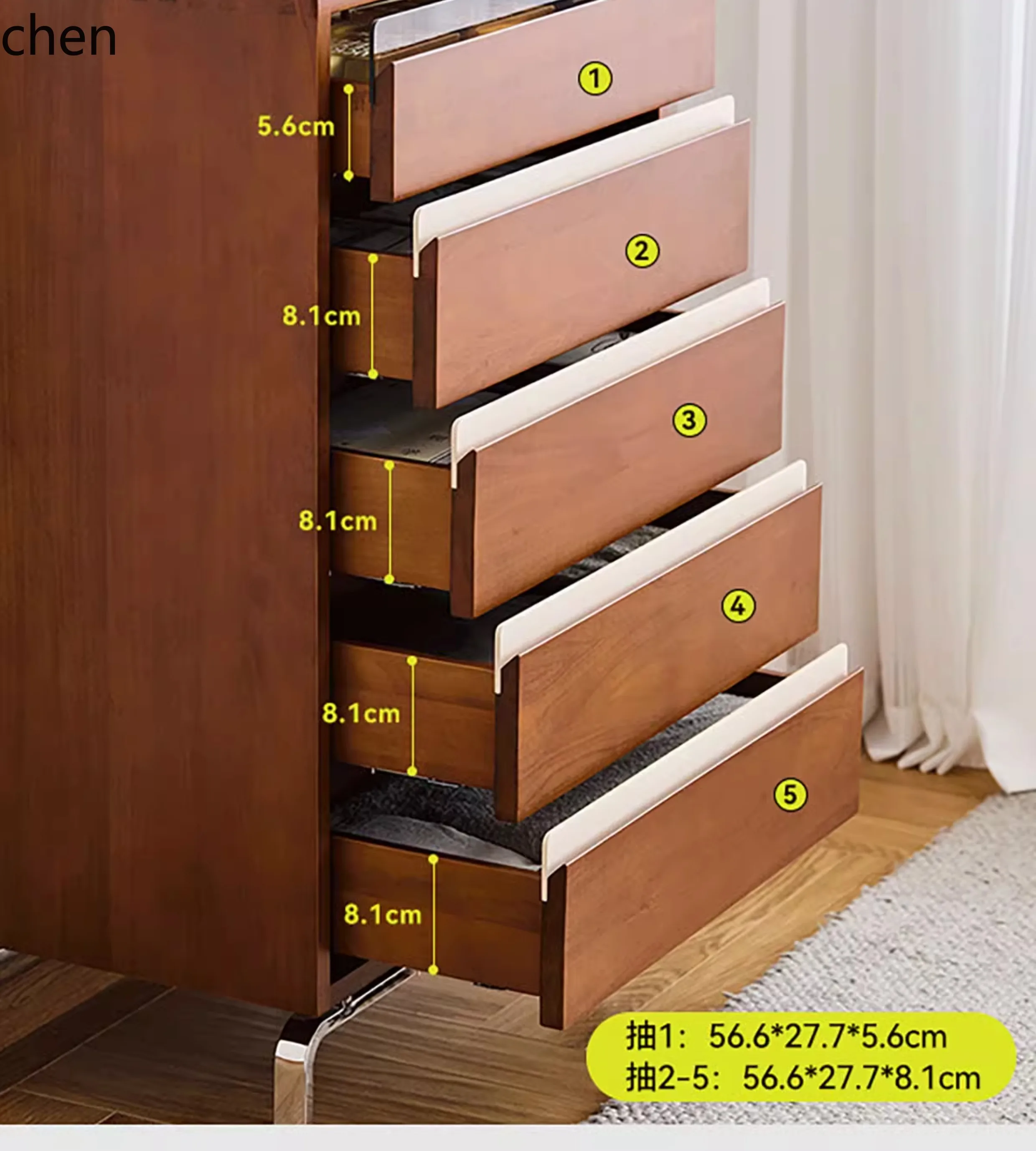 ZML Solid Wood Chest of  for Home Living Room with Sofa Side Storage Cabinet Bedroom Vintage Stainless Steel Five-Drawer Chest