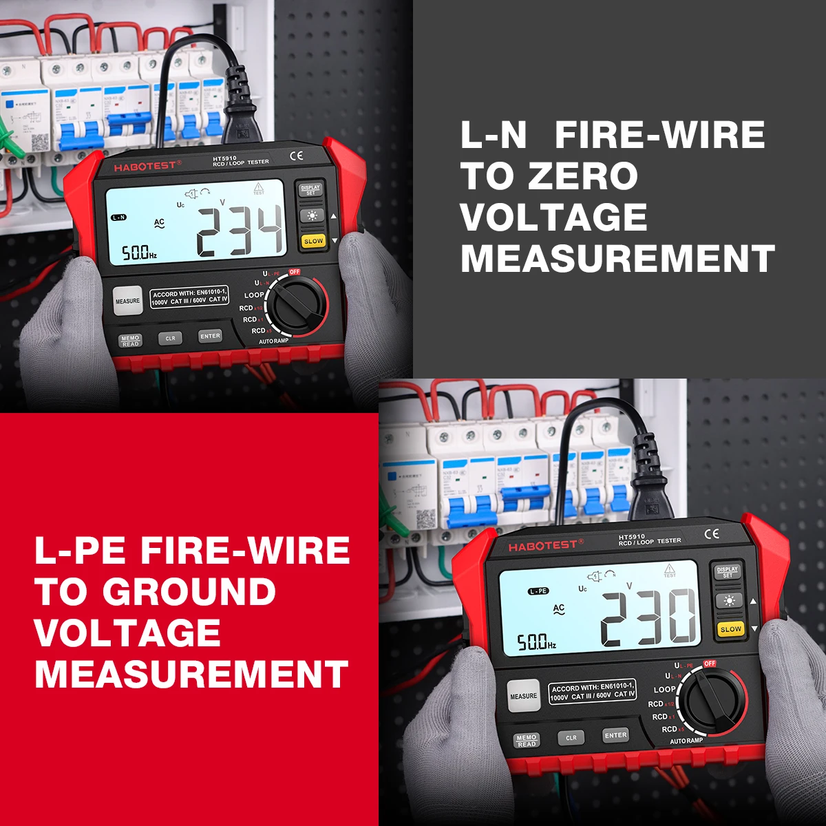 HABOTEST HT5910 Leakage Switch Tester LCD Digital Resistance Meter RCD/Loop Tester 1000 Data Storage Voltmeter Megohmmeter