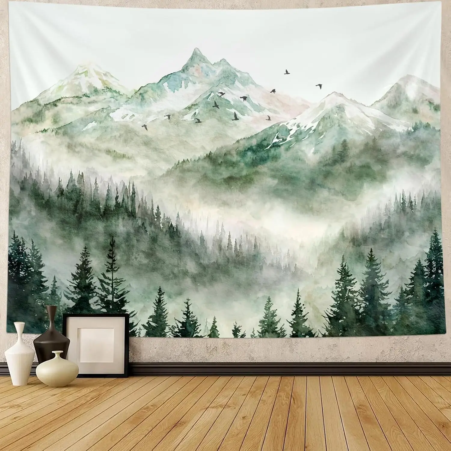 Mountain Watercolor Tapestry – Misty Forest Landscape Wall Art, Serene Nature Decor for Bedroom, Living Room