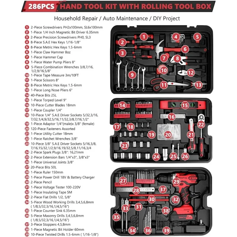 Home Tool Set Kit -286 PCS Home Auto Repair Tool Kit with Rolling Tool Box,Mechanic Tool Sets with 21V Max Cordless Power Drill