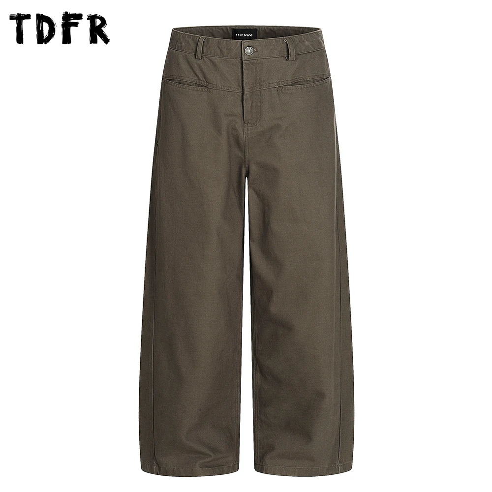 

Pocket Solid Color Casual Pants Mens Summer Cotton Retro Simple Wide Leg Pants Man Trousers