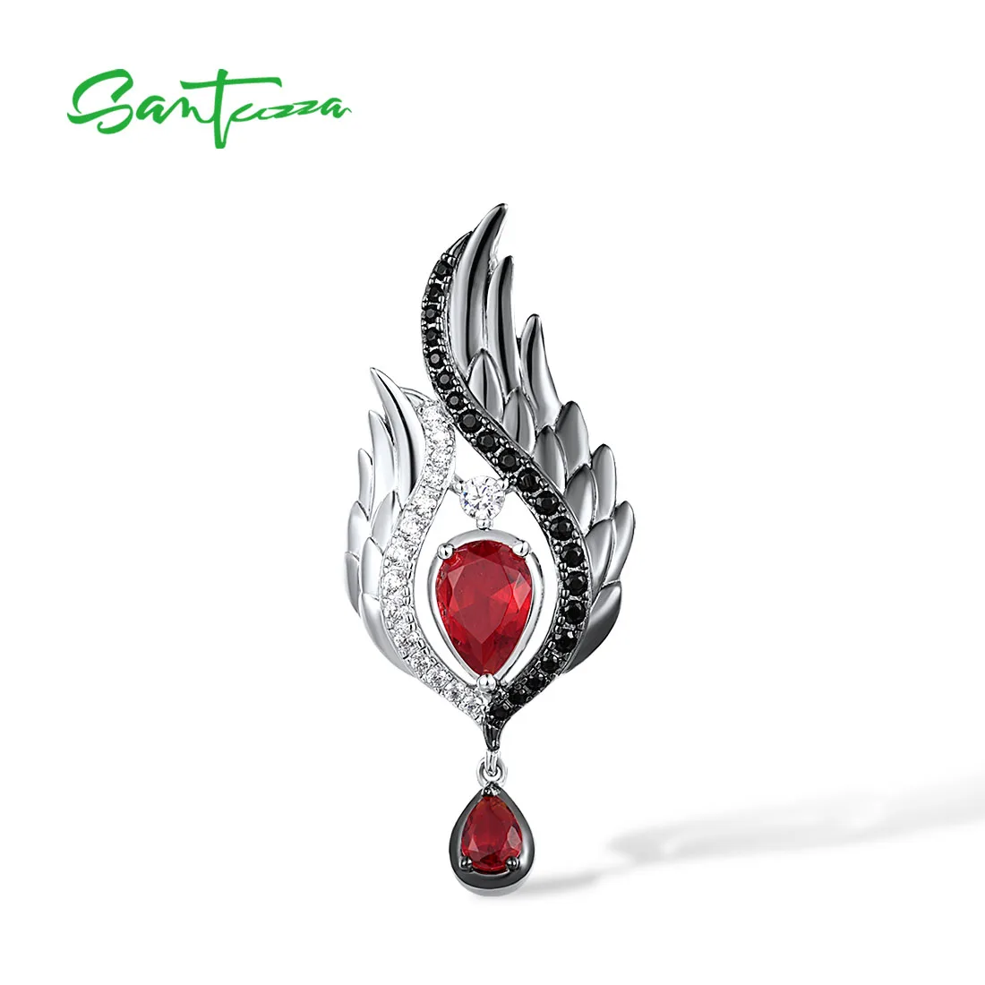 

SANTUZZA Pure 925 Sterling Silver Pendant For Women White & Black Wings Red Glass Black Spinel White CZ Edgy Trendy Jewelry