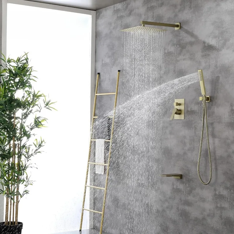 Shower System with Waterfall Tub Spout and Handheld Shower Head, 12