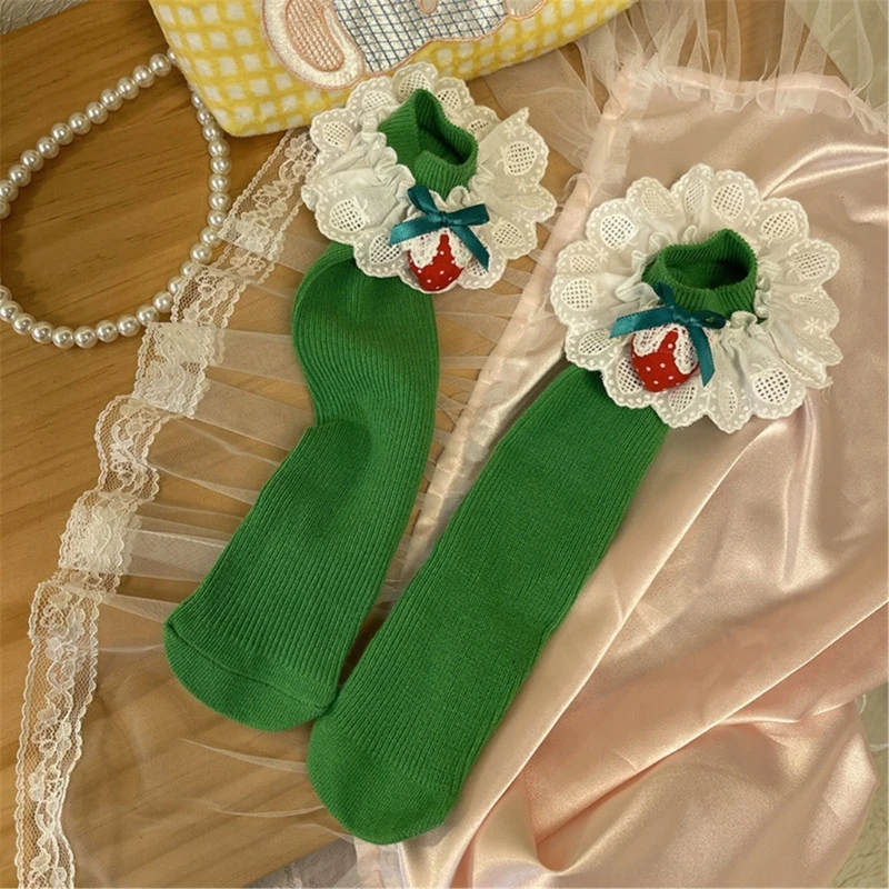 Strawberry Embroidered Socks Children's Lace Trimmed Knee High Piled Up Socks