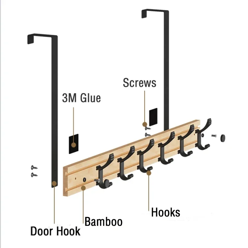 Bamboo Door Removable Mounting Hooks Hangner Rack Clothes Towel Pants Coat Home Storage Hat Hook Hanger Bedroom Door Organizer