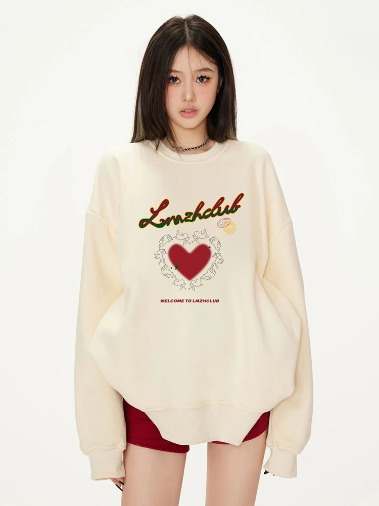 

Jmprs streetwear retro love sweatshirt women pure cotton oversize pullovers american vintage letter lady loose cute casual tops