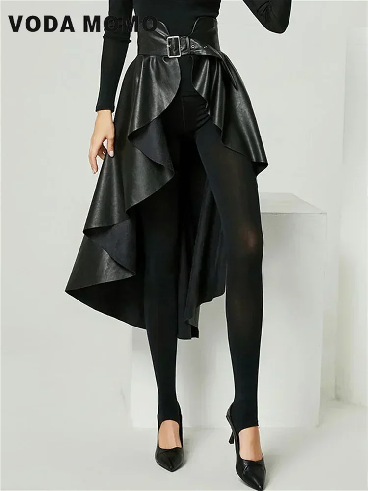 Spódnica damska z wysokim stanem, imitacja skóry PU, asymetryczna, pluszowa, z motywem jaskółczego ogona, modna, uniwersalna, jesień 2023, designerska, z wyrafinowanym wykończeniem.