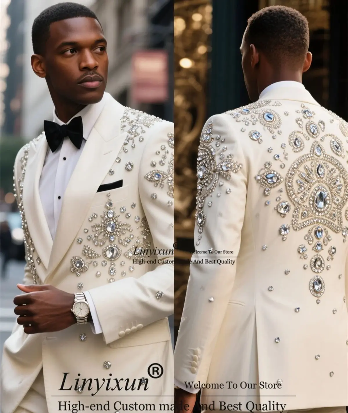 

Glitter Embroidered Diamond Tuxedo Men Suit Customized Slim Groom Party Male Prom Blazers 2 Piece Set Wedding Party ropa hombre