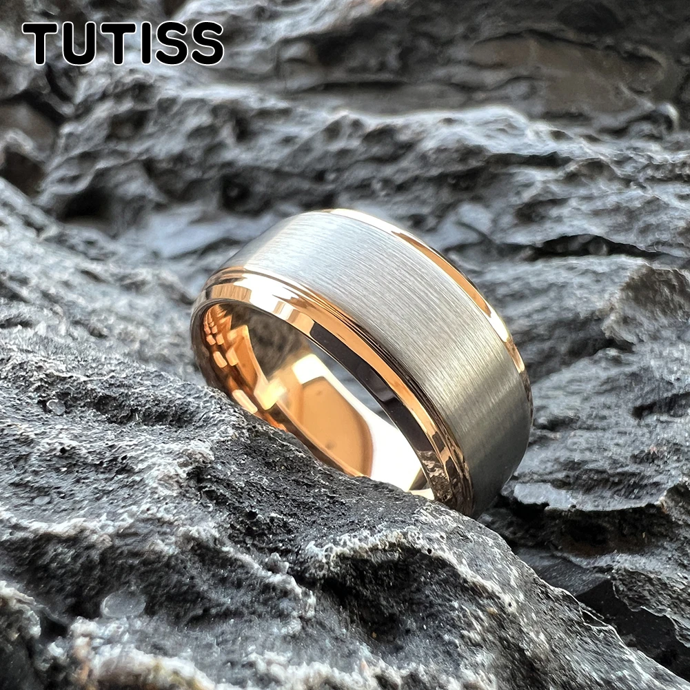 TUTISS 10MM Classic Men Ring Women Tungsten Wedding Band Stepped Beveled Brushed Finish Comfort Fit Size 7-15