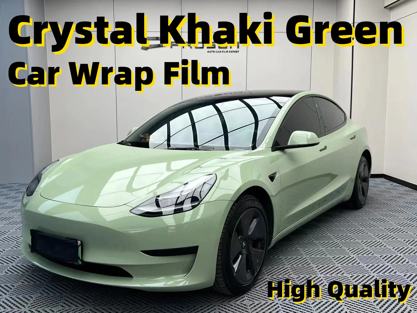 Crystal Khaki Green High Quality PET Car Wrap Full Roll Size 1.52*18 Meters Self Adhesive Wrapping Film Car Decoration