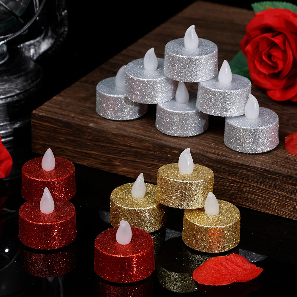 6/12Pcs Glitter Flameless Candle Light Battery Operated Wishing Tea Lights Christmas Wedding Birthday Party Decoration Lighting