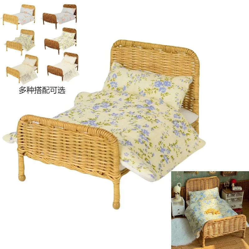 

1:8 Dollhouse Miniature Furniture, Rattan Bed Set, Country-Style Miniature Bed for Pretend Play, Photo Props