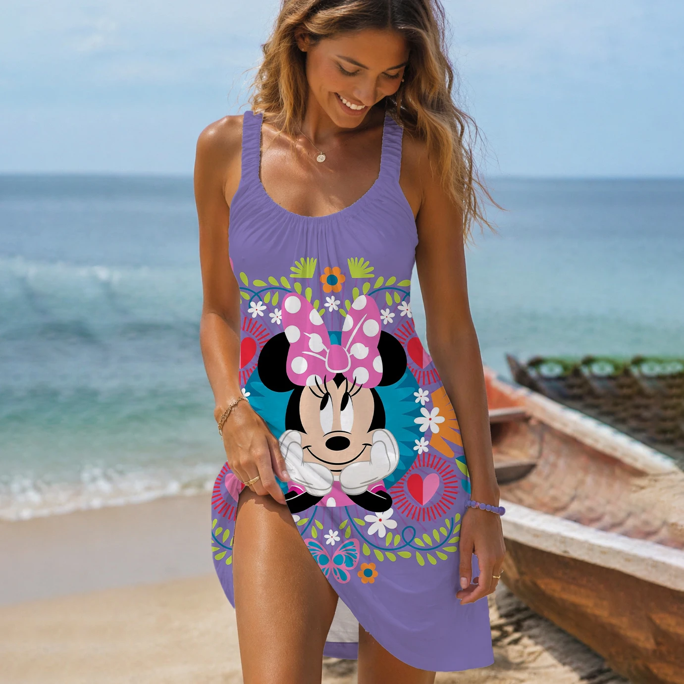 

Сексуальный женский сарафан Disney Minnie Mouse с милым цветочным принтом и круглым вырезом, свободное и удобное женское платье для отпуска