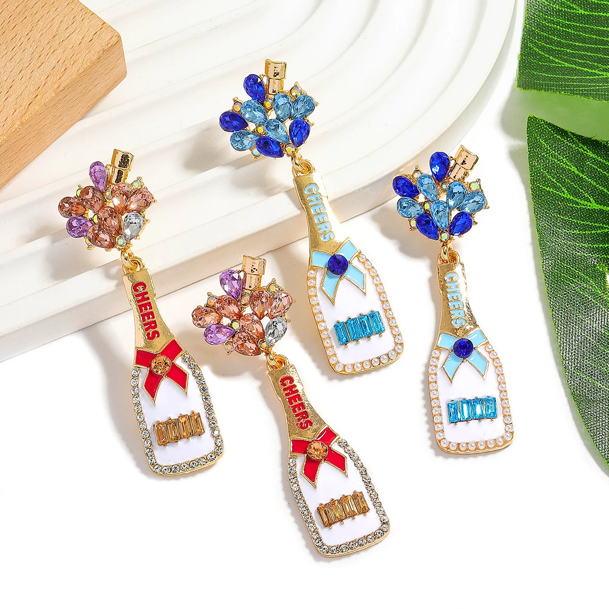 

2025 New 2pcs Champagne Bottle Women Earrings Statement New Design Letter Drip Oil Dangle Earrings For Women Fashion Jewelry