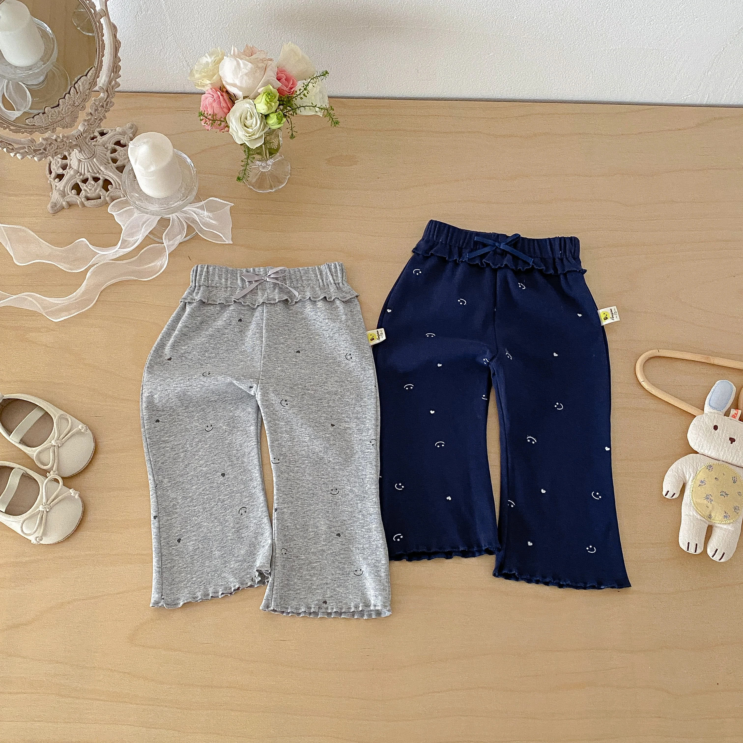 Girls' Korean-Style Cute Printed Bow Tie Wide-Leg Pants for Infants, Trendy and Versatile Casual Pants for Babies