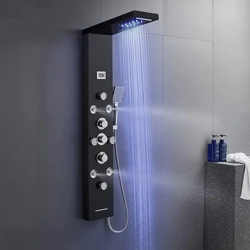 LED Shower Panel Tower System 4 Body Massage Jets and 4 Mist Spray 304 Stainless Steel Wall Mount Rainfall Waterfall Black