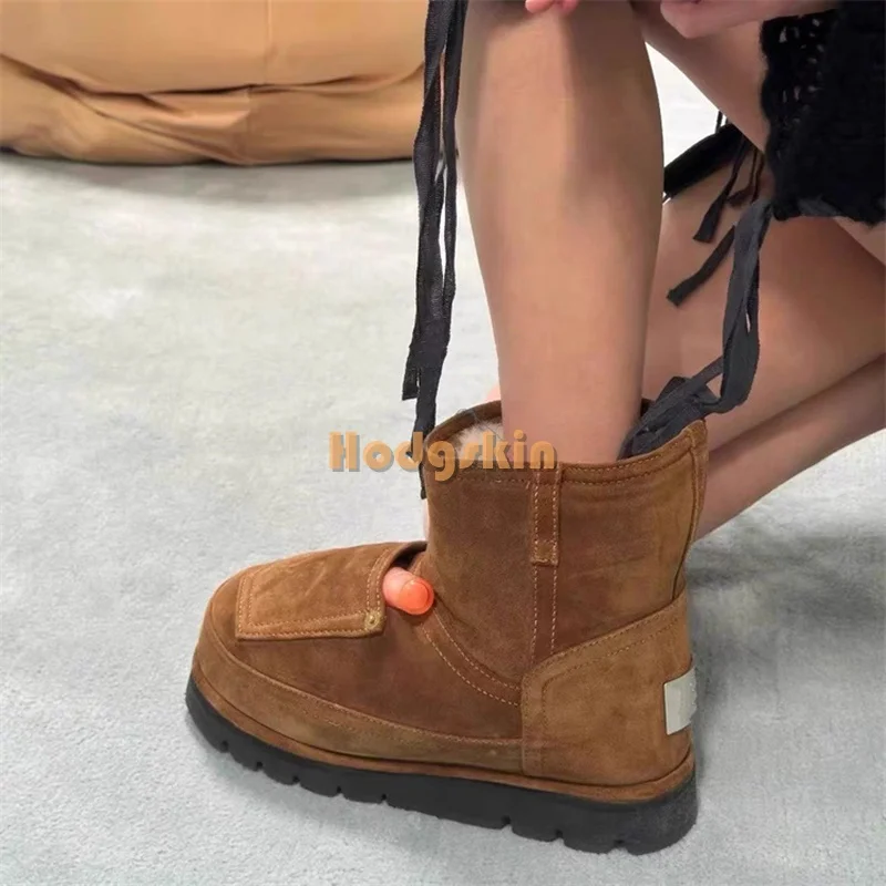 Retro Fur Platform Snow Boots Round Big Toe Slip-on Thick Bottom Ankle Boots Plus Velvet Women 2024 New Warm Cotton Shoes Brown