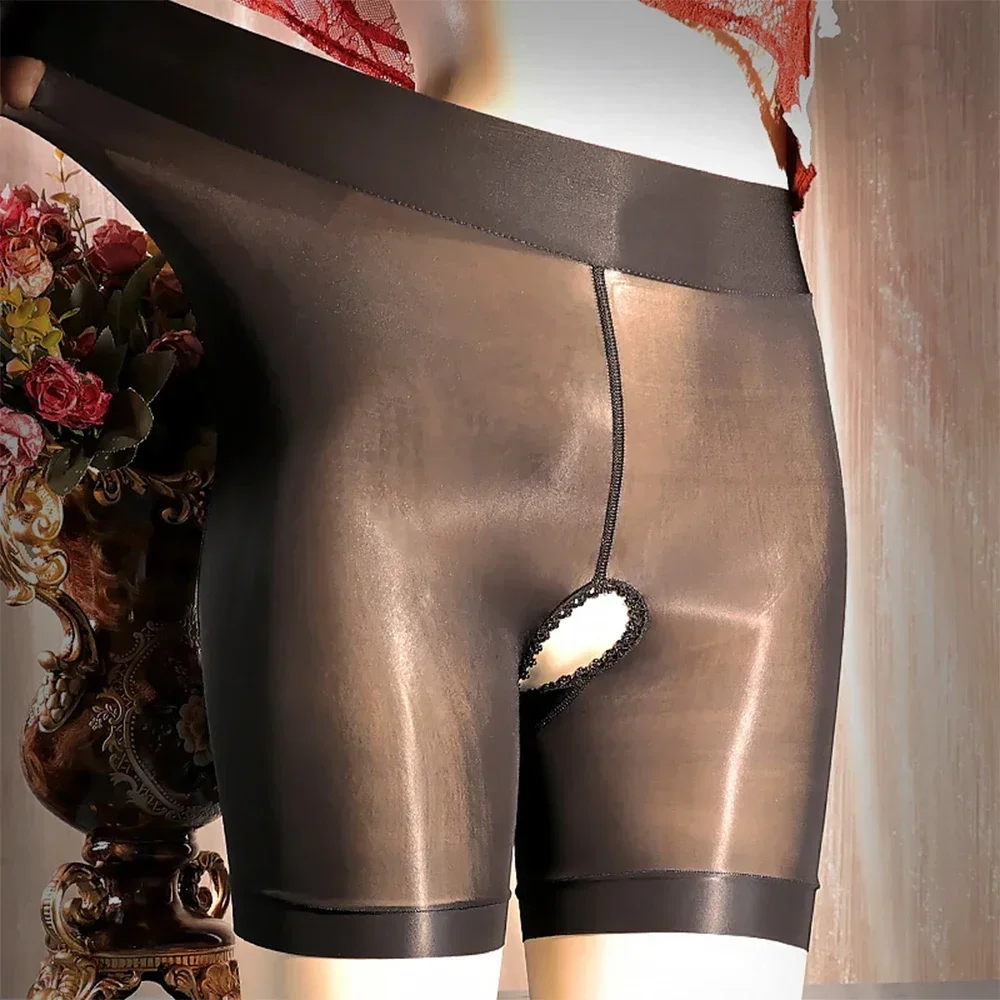 Sexy masculino sissy boxers óleo brilhante buraco frontal calcinha feminina malha ultra-fina cuecas transparente sólido de seda roupa interior