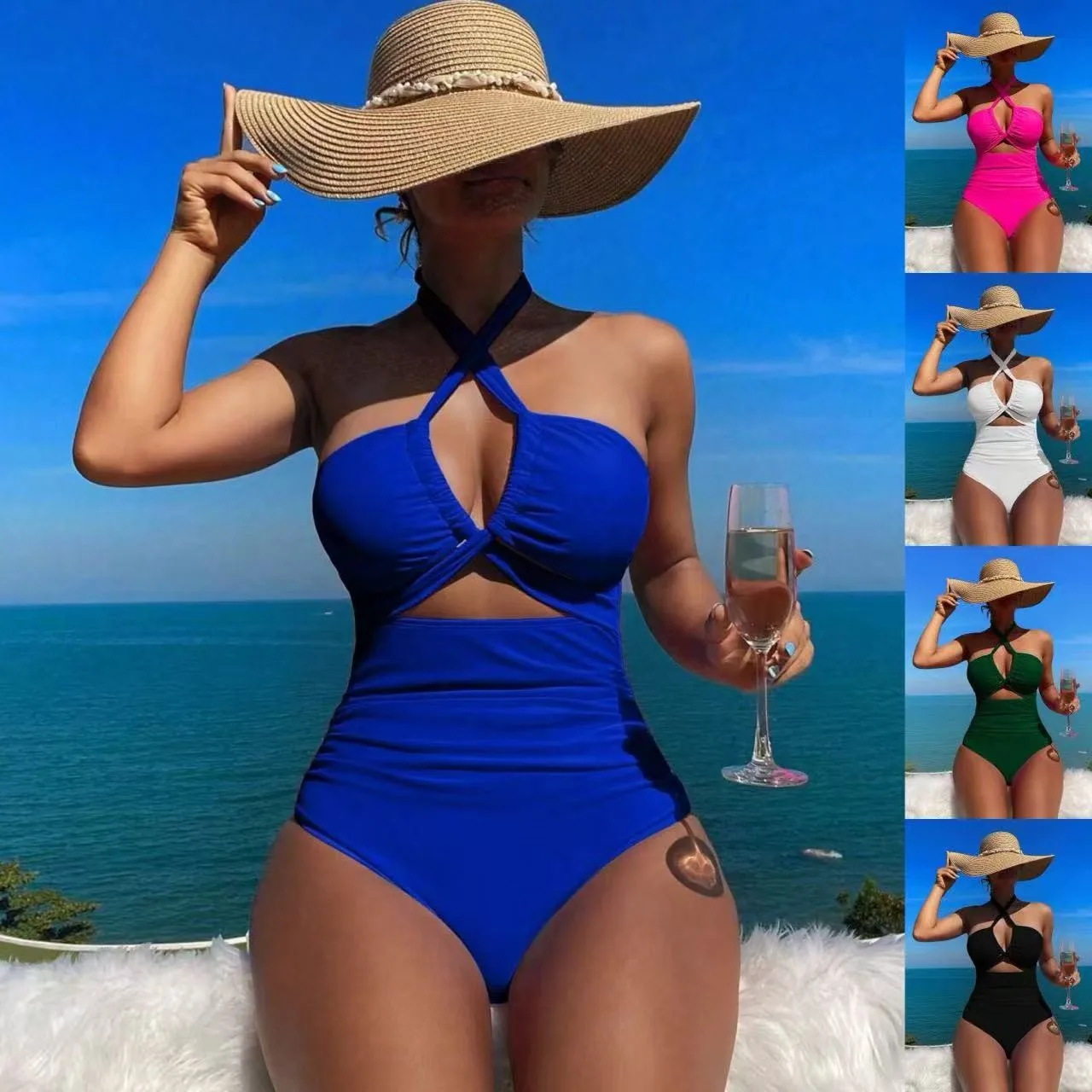 

Women Swimsuit Solid Scoop Back Swimwear Halter Cut Out Waist Bathing Suit Ruched High Cut Leg Swimsuit Emerald Black Woman