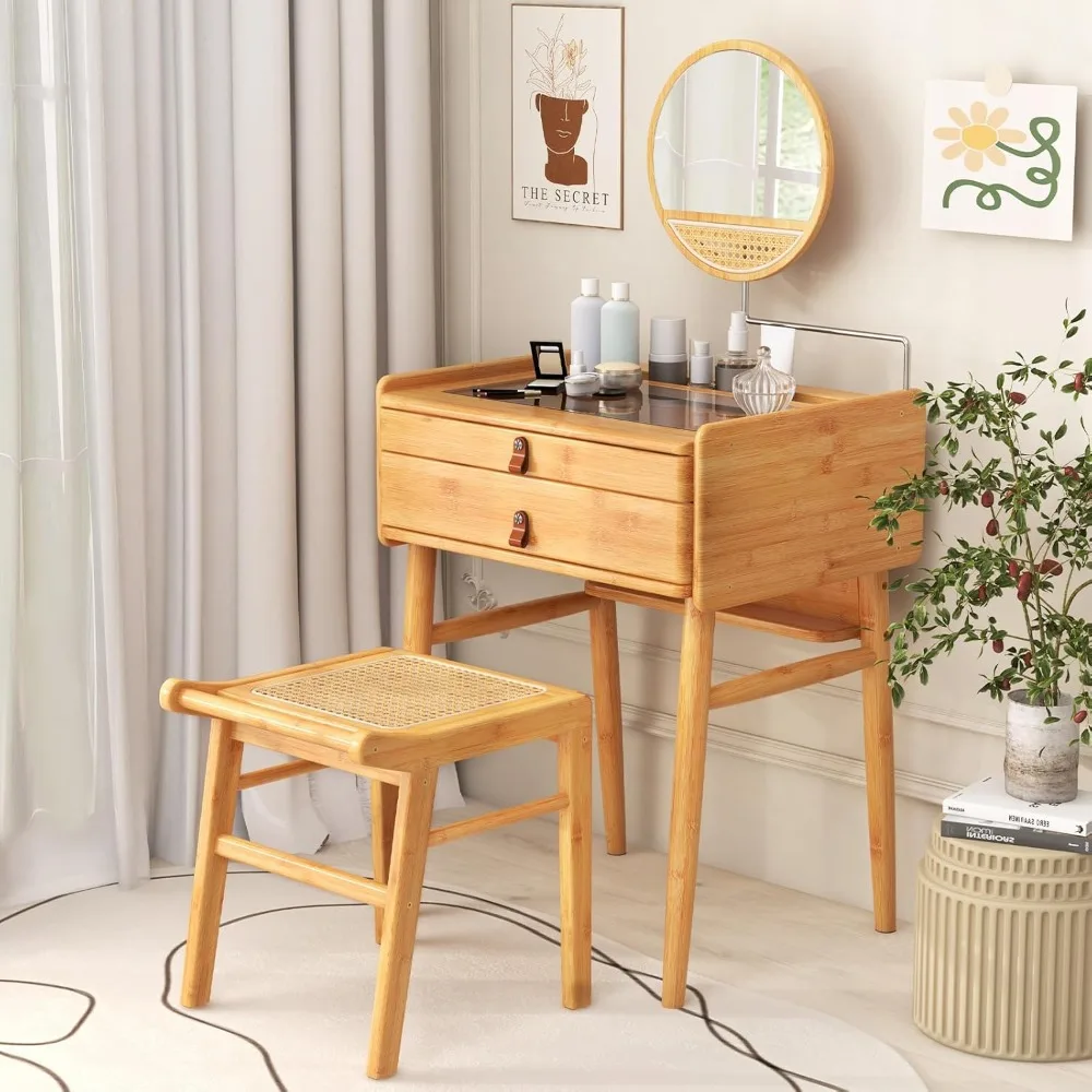 

Bamboo Vanity Table Set with Adjustable Mirror, with Tempered Glass Tabletop and Storage Drawers