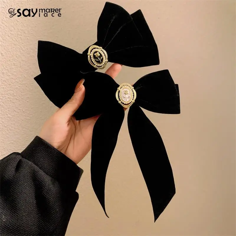 New Black Velvet Bow Hair Pins Elegant Fabric Alloy Roses Hair Clips For Women Fashion Ponytail Barrette Heawear Accessories