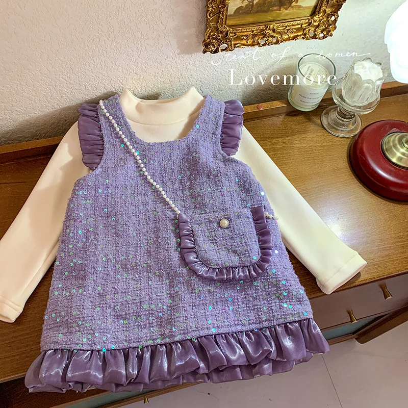 Girls Winter Dress Little Girls Korean Velvet Sequins Lace Vest Dress and Velvet Base Shirt Stylish Winter Dress Two Piece Set