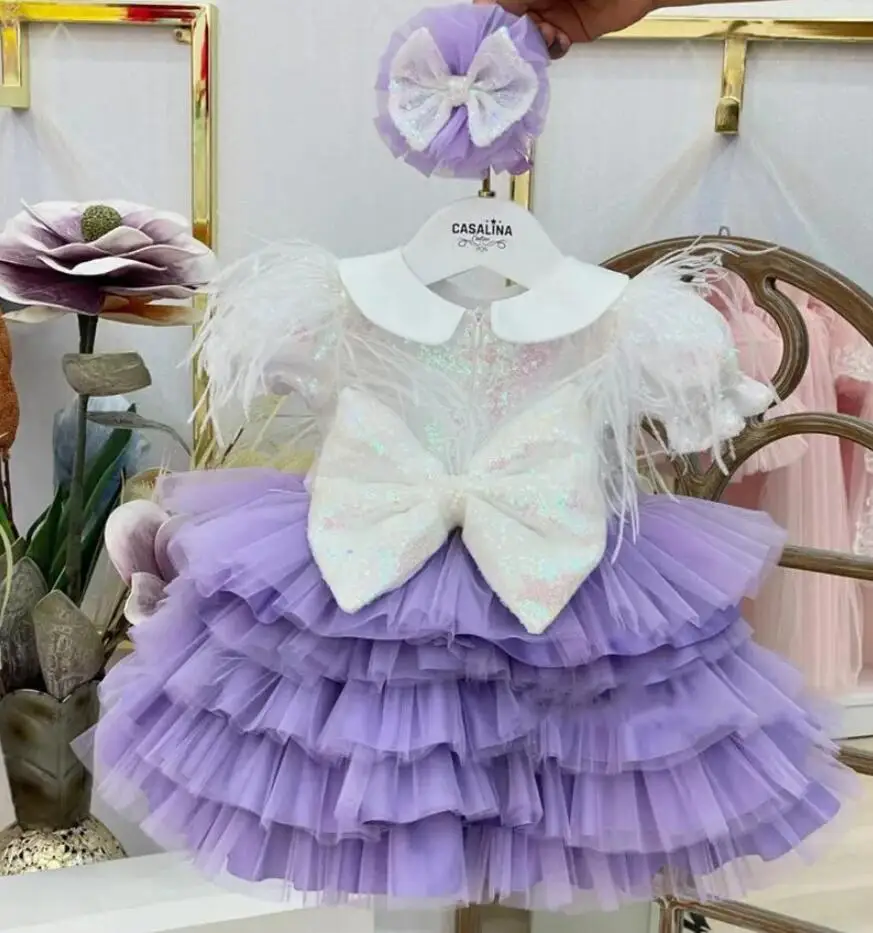 Cute Handmade Princess Dress Lavender Tulle White Sequined Infant Tutu Birthday Dress Party Gown Girls Outfit Photography