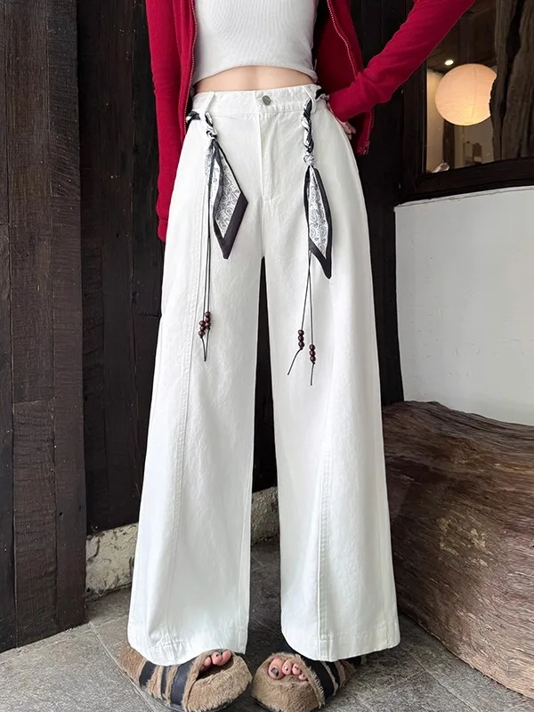 

Женские хлопковые брюки с высокой талией и широкими штанинами, весенне-осенние, новые, прямые, струящиеся, в пол, для стройнящего силуэта