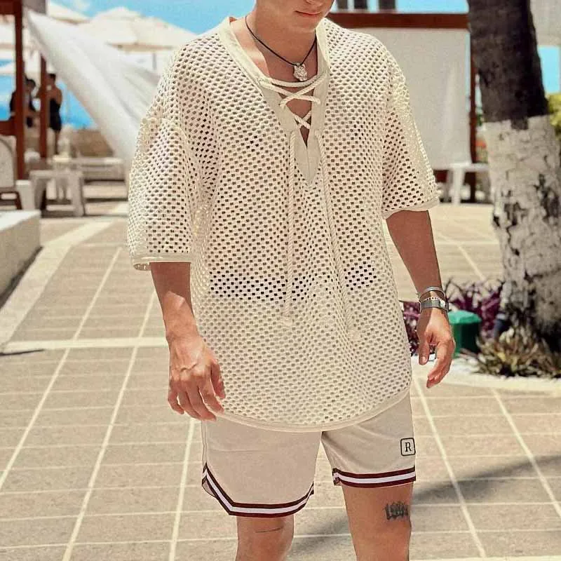 

Летняя полая рыболовная сеть, вязаный пуловер с v-образным вырезом и короткими рукавами, повседневный модный мужской ленивый стиль