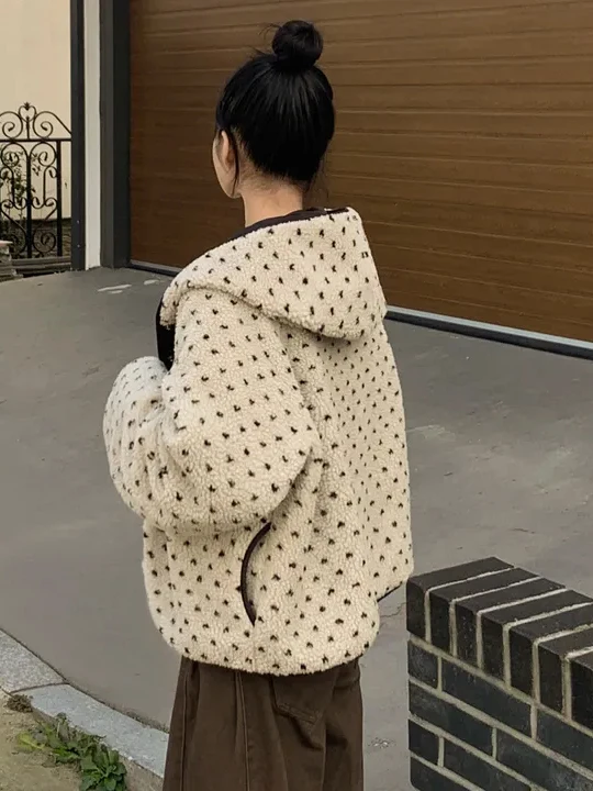 الكورية Sle ort Thiened القطن اصطف مزدوجة الوجهين ارتداء القلب منقوشة فرو الضأن Jaet المرأة لطيف مكافحة الشيخوخة تصميم أعلى #3