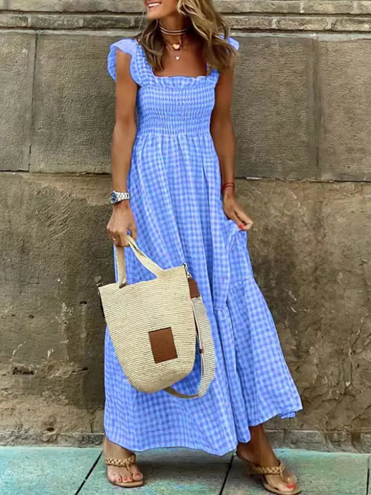 Plaid Long Dress Women Summer Boho Sleeveless Beach A-line Dress Female Elegant Vintage Square Collar Pleated Maxi Dress Ladies